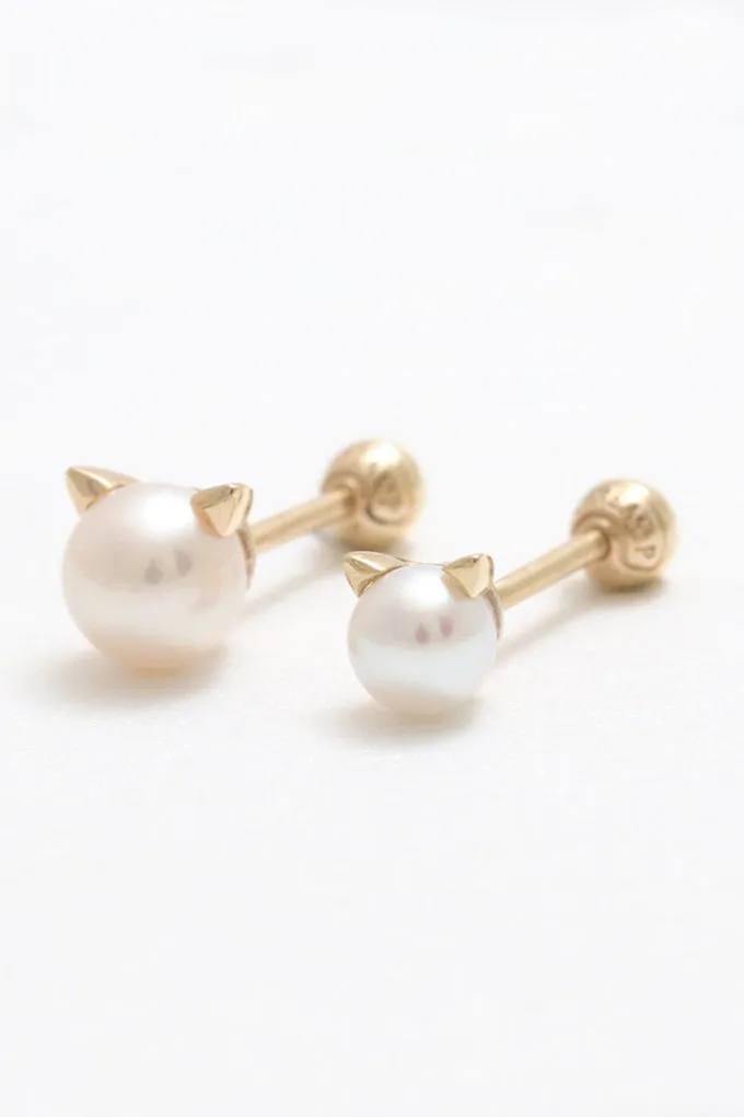 14K 18K Solid Gold Fresh Water Pearl Cat Ears Cartilage Helix Barbell Piercing