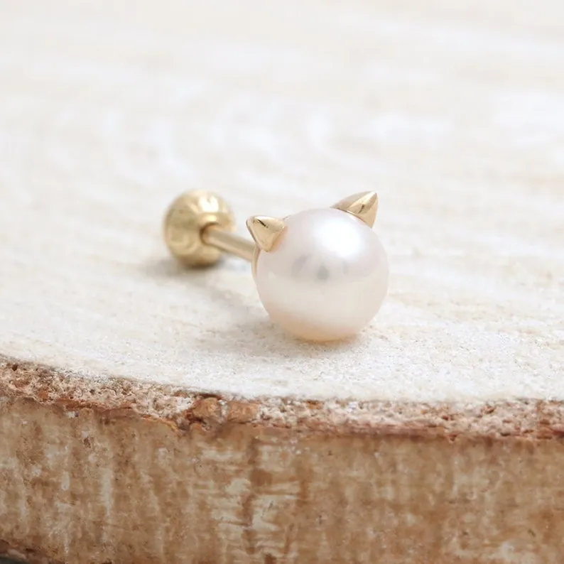 14K 18K Solid Gold Fresh Water Pearl Cat Ears Cartilage Helix Barbell Piercing