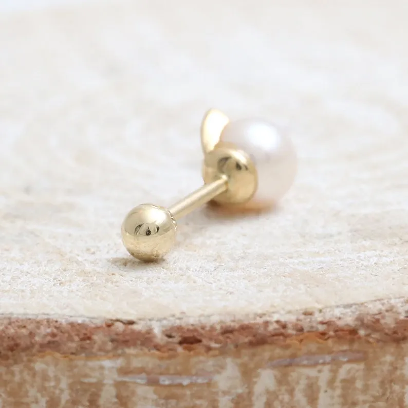 14K 18K Solid Gold Fresh Water Pearl Cat Ears Cartilage Helix Barbell Piercing