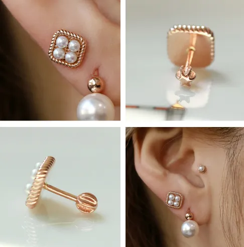 14K 18K Solid Gold Fresh Water Pearl Square Cartilage Helix Conch  Barbell Piercing Earring Stud