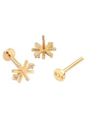 14K Real Gold Winter Cz Snowflake Flower Forward Helix Cartilage Tragus Inner Conch Ear Stud Post Internally Threaded Earring La