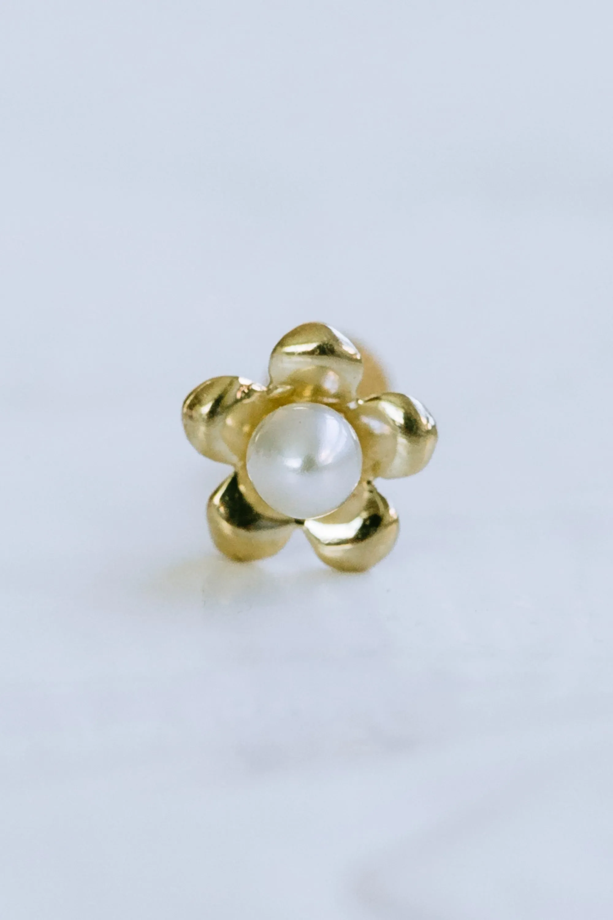 14K Solid Gold Cartilage Delicate Fresh Water Pearl Daisy Flower Stem Flower Internally Internal Threaded Earring Labret