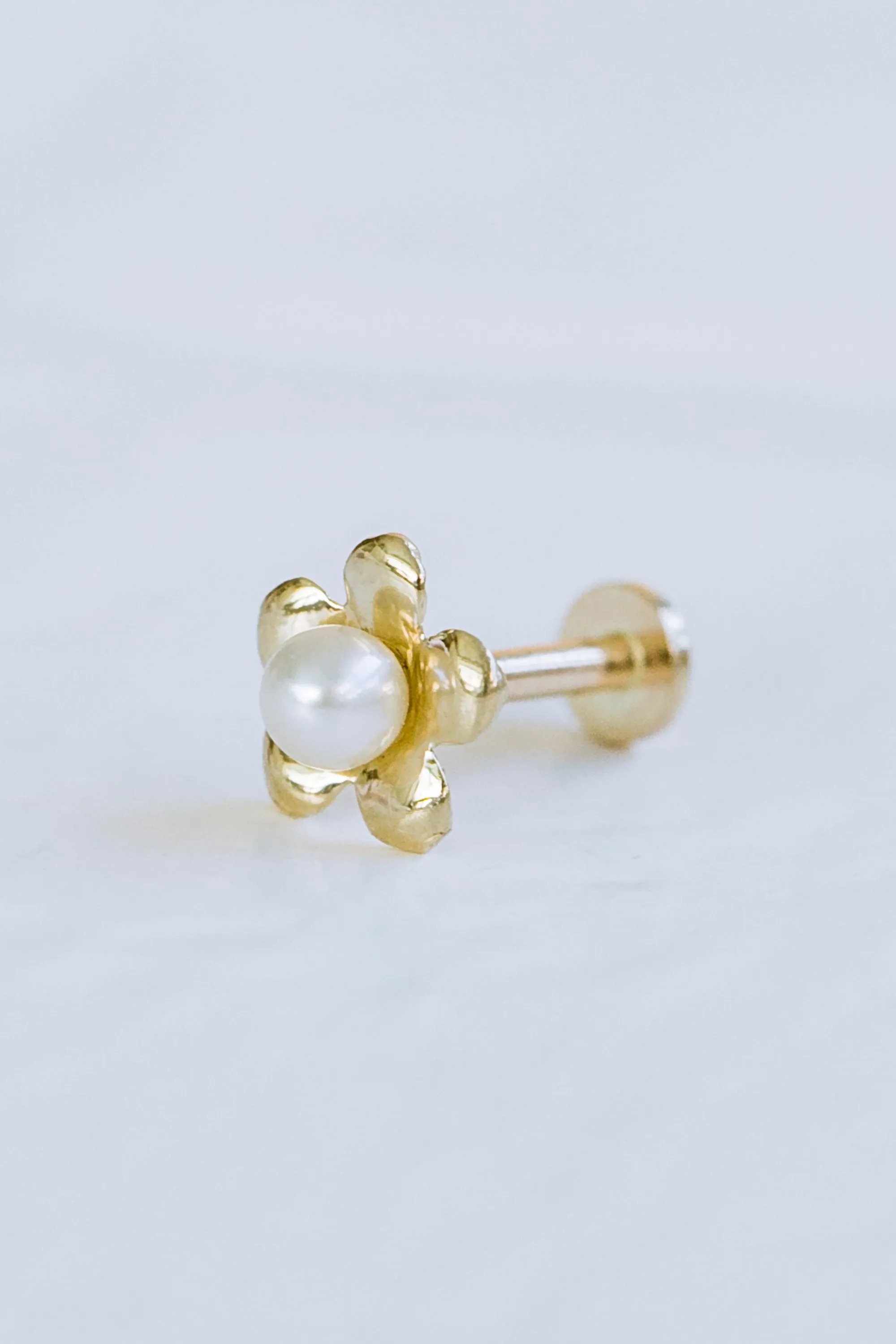 14K Solid Gold Cartilage Delicate Fresh Water Pearl Daisy Flower Stem Flower Internally Internal Threaded Earring Labret