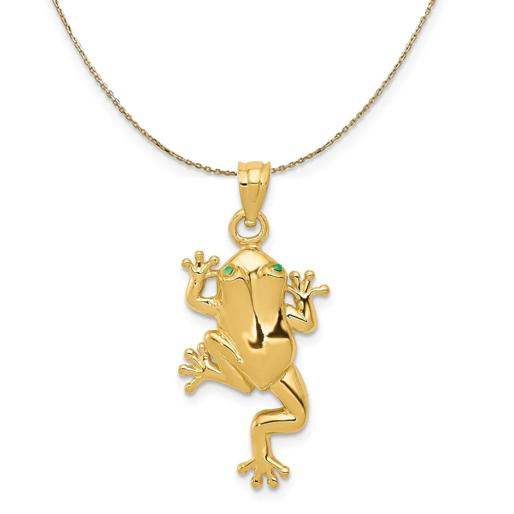 14k Yellow Gold and Enamel Green Eyed Polished Frog Necklace