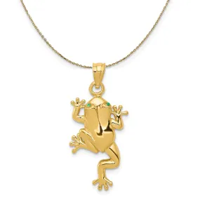 14k Yellow Gold and Enamel Green Eyed Polished Frog Necklace