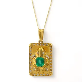 18K Yellow Gold solid lucky Frog Pendant with Emerald and Diamonds - 16150