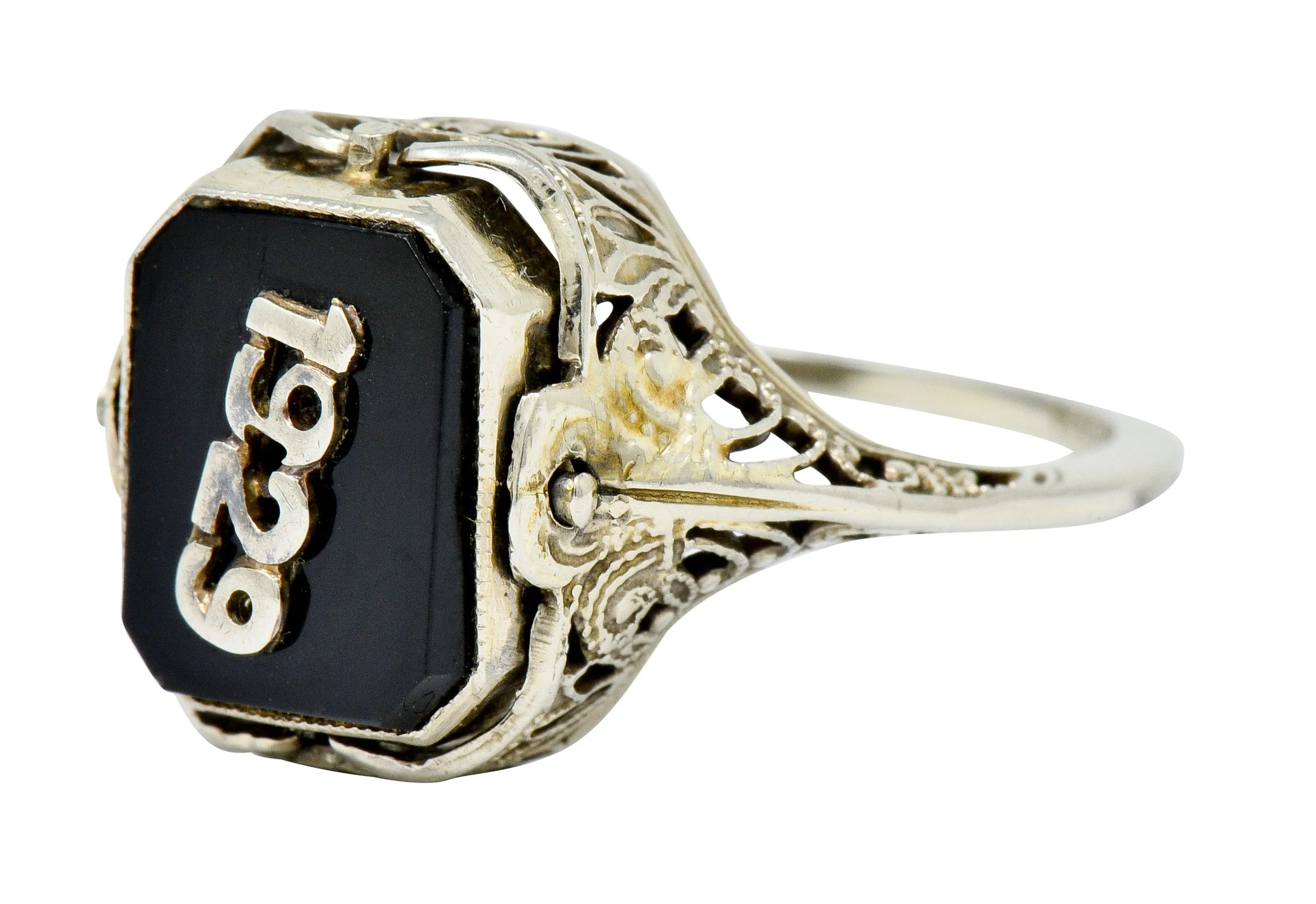 1929 Art Deco Onyx Shell Cameo 14 Karat White Gold Date Flip Ring