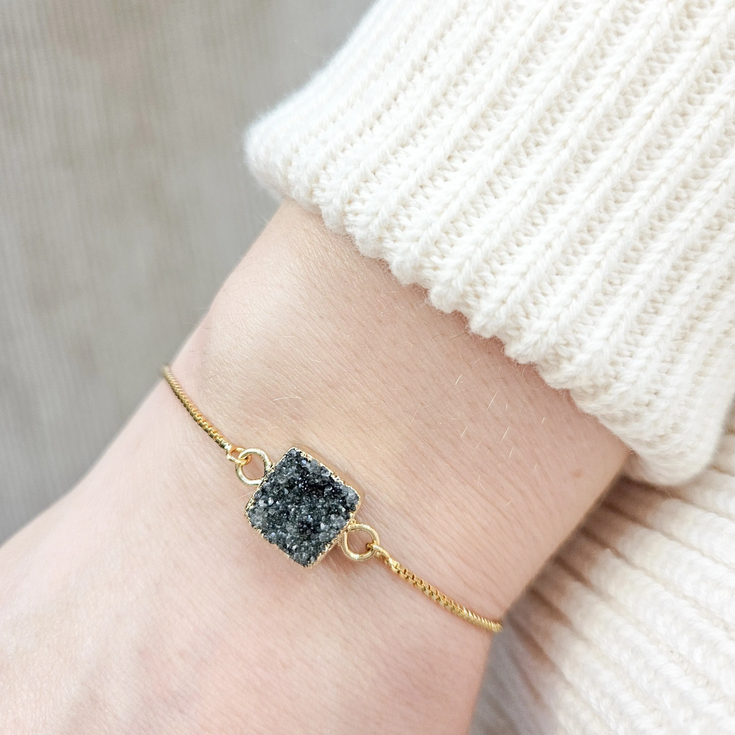 Adjustable Smoky Quartz Druzy Crystal Bracelet