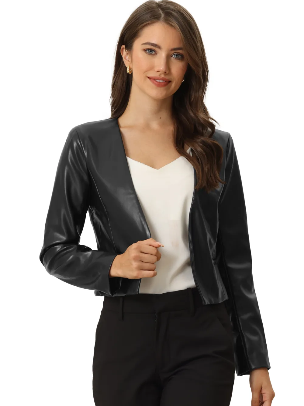 Allegra K - Faux Leather Open Front Crop Jackets