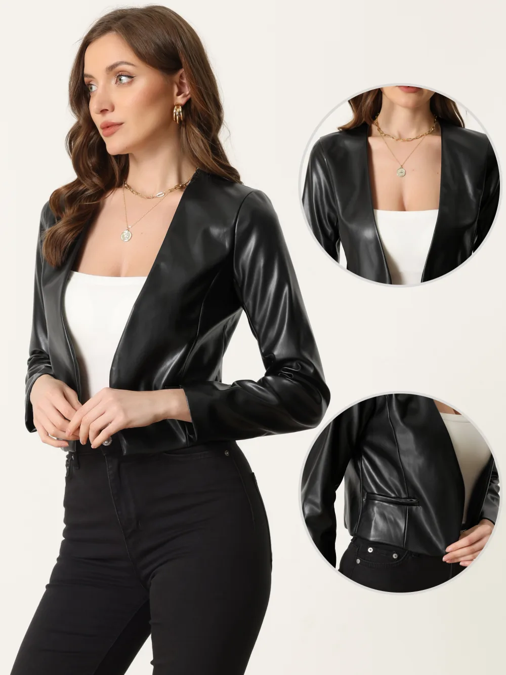 Allegra K - Faux Leather Open Front Crop Jackets