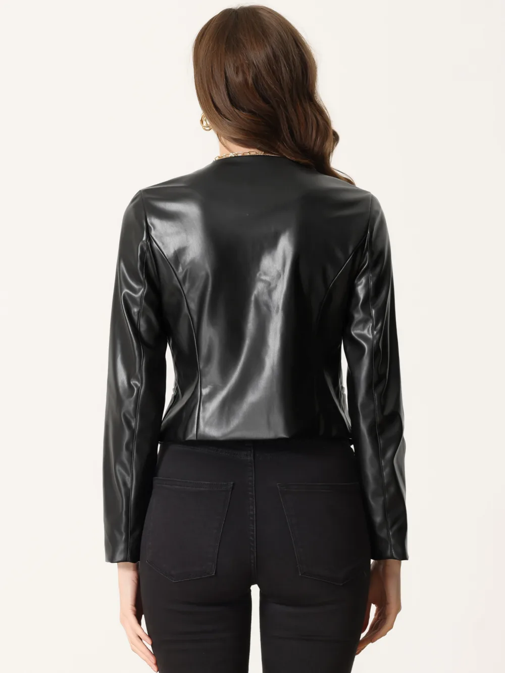 Allegra K - Faux Leather Open Front Crop Jackets