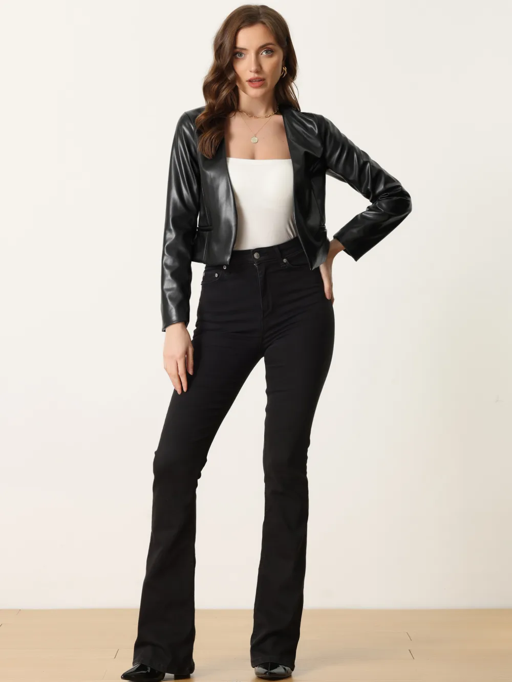 Allegra K - Faux Leather Open Front Crop Jackets