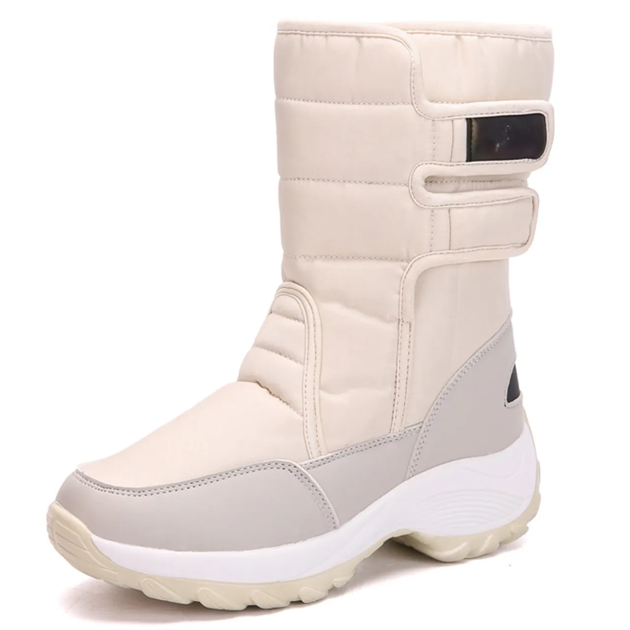 Beige winter velcro slip on double rocker bottom shoe boot