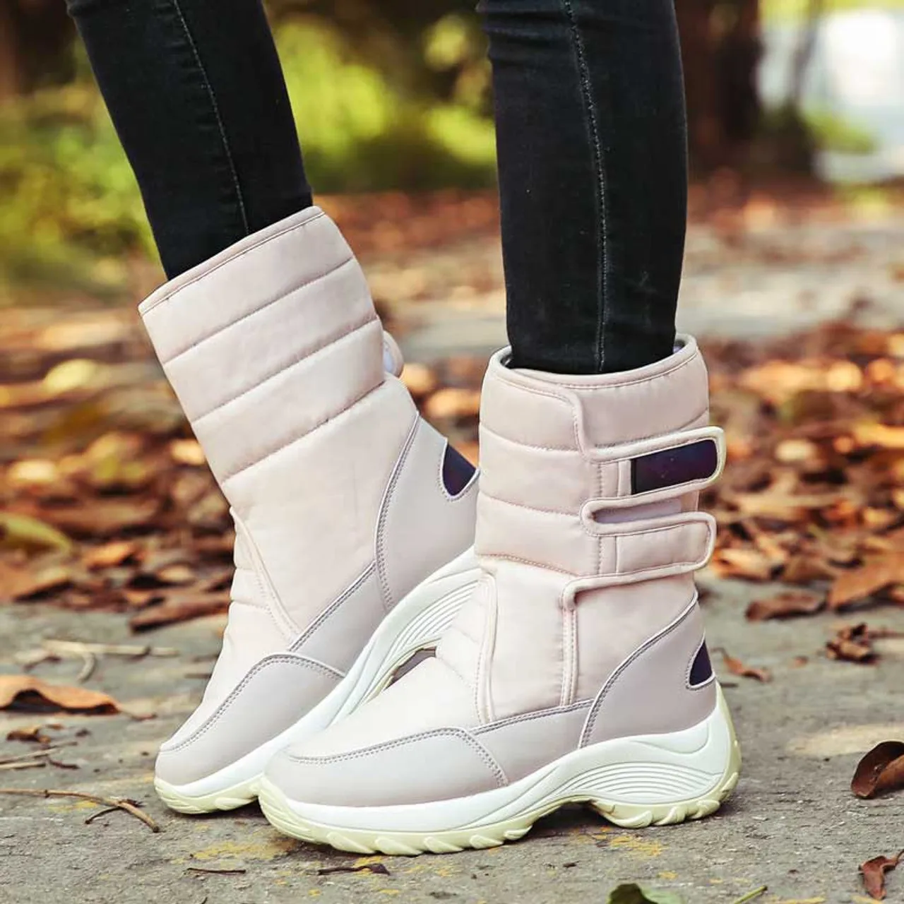 Beige winter velcro slip on double rocker bottom shoe boot