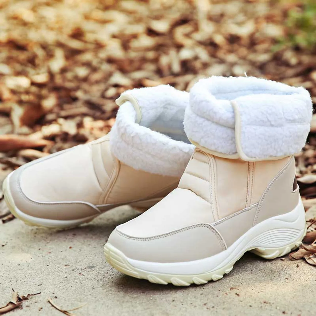 Beige winter velcro slip on double rocker bottom shoe boot