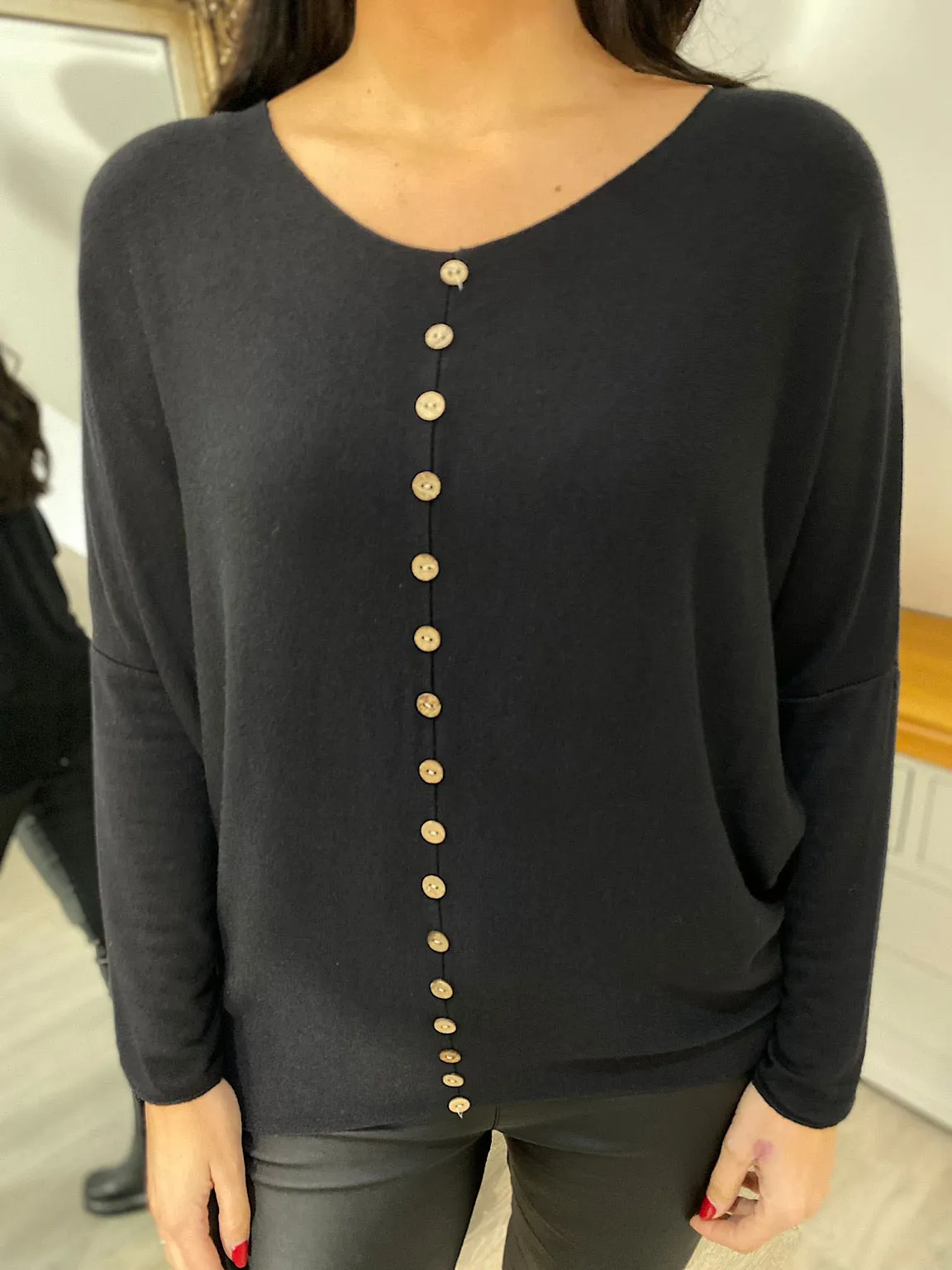 Black Button Knit Top Amy