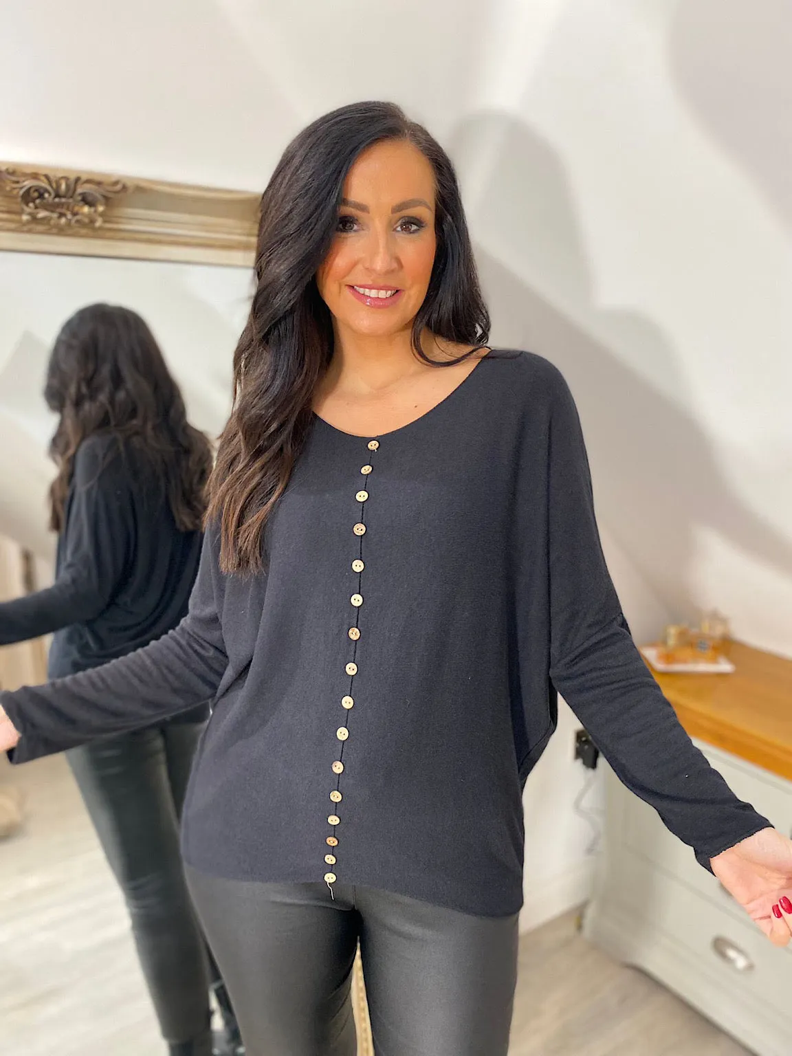 Black Button Knit Top Amy