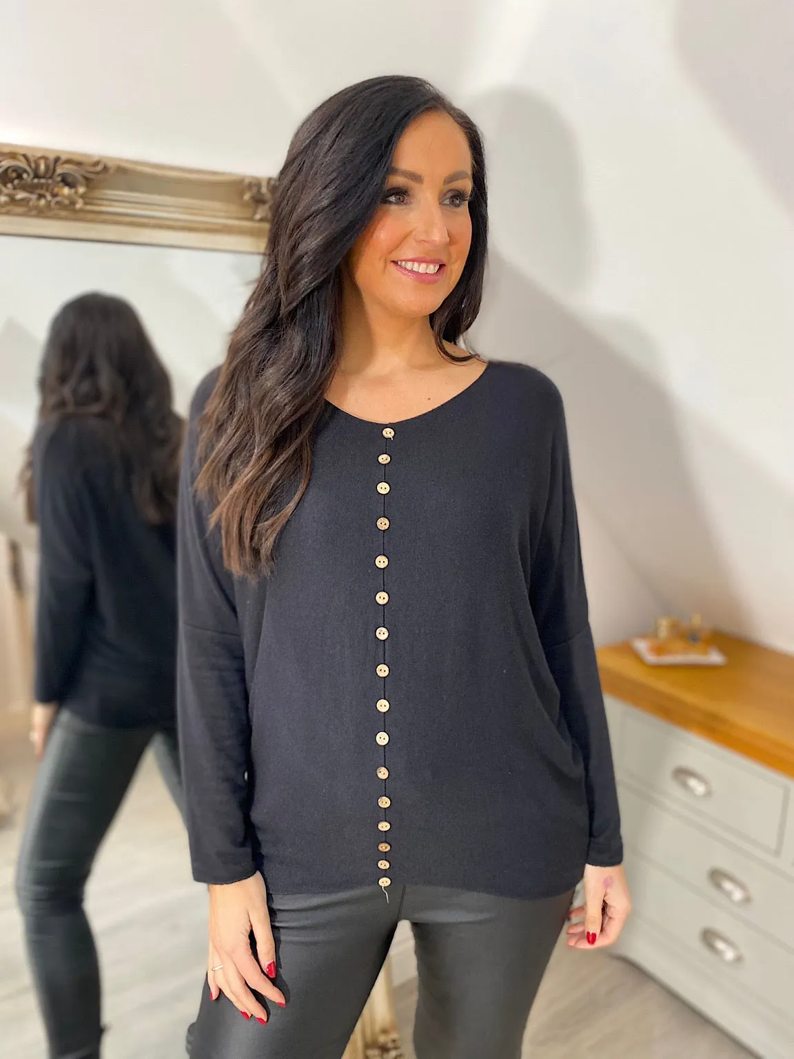 Black Button Knit Top Amy