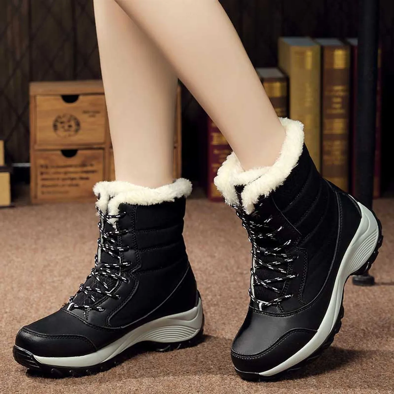 Black casual winter double rocker bottom shoe boot