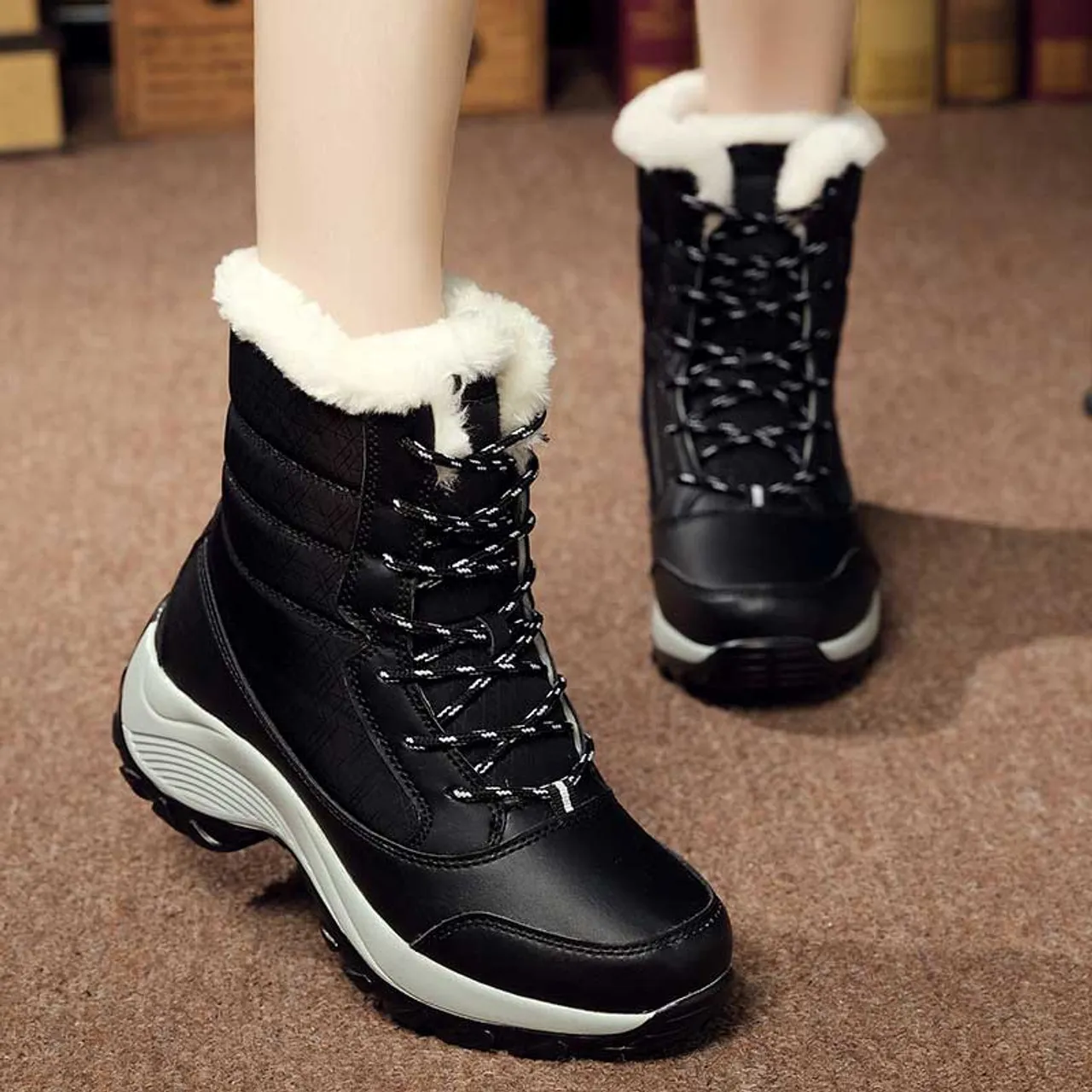 Black casual winter double rocker bottom shoe boot