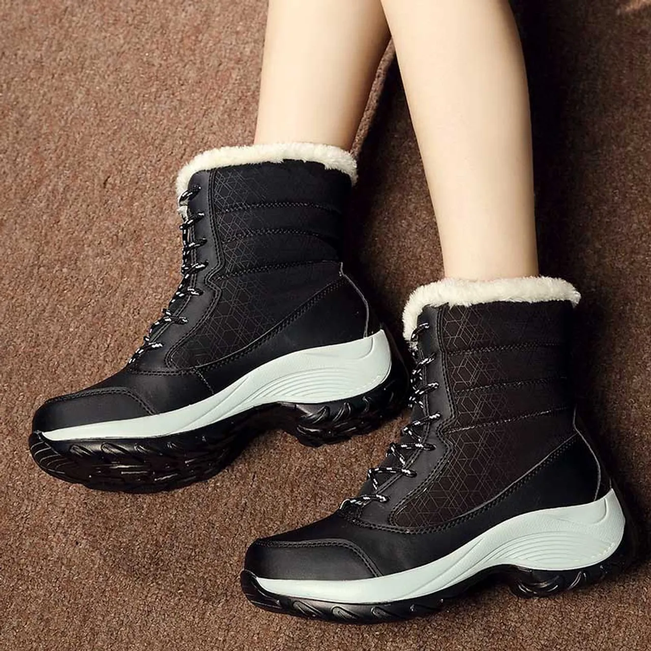 Black casual winter double rocker bottom shoe boot