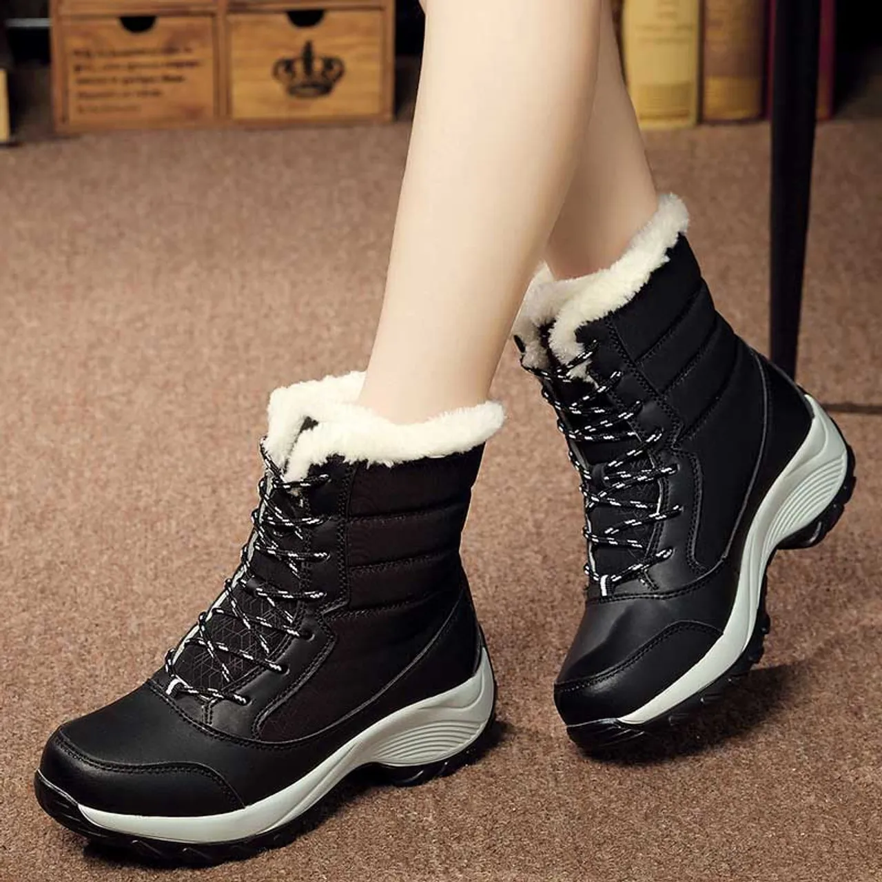 Black casual winter double rocker bottom shoe boot