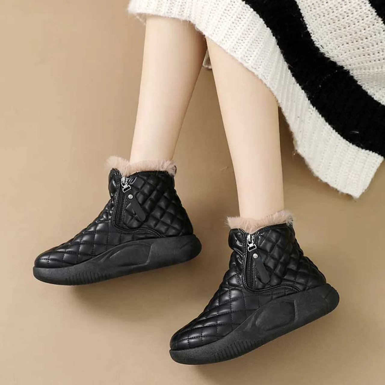 Black check pattern side zip slip on winter shoe boot