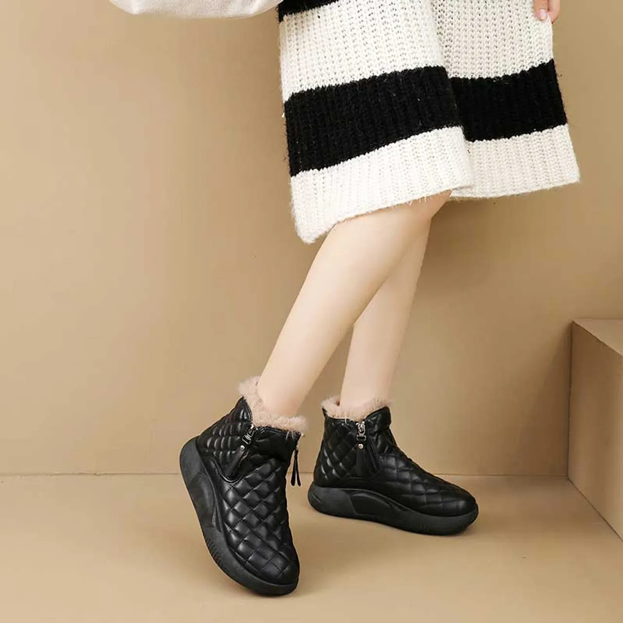 Black check pattern side zip slip on winter shoe boot