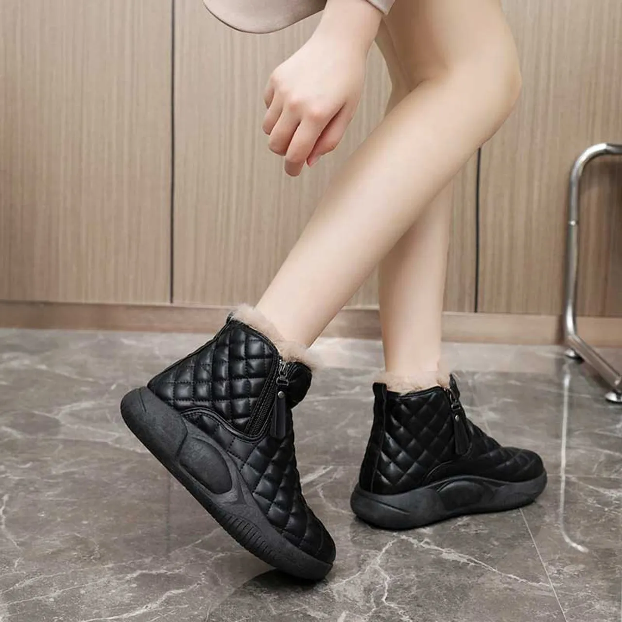 Black check pattern side zip slip on winter shoe boot