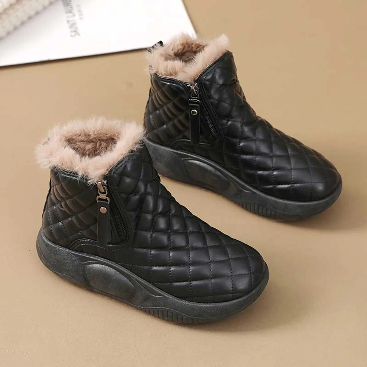 Black check pattern side zip slip on winter shoe boot