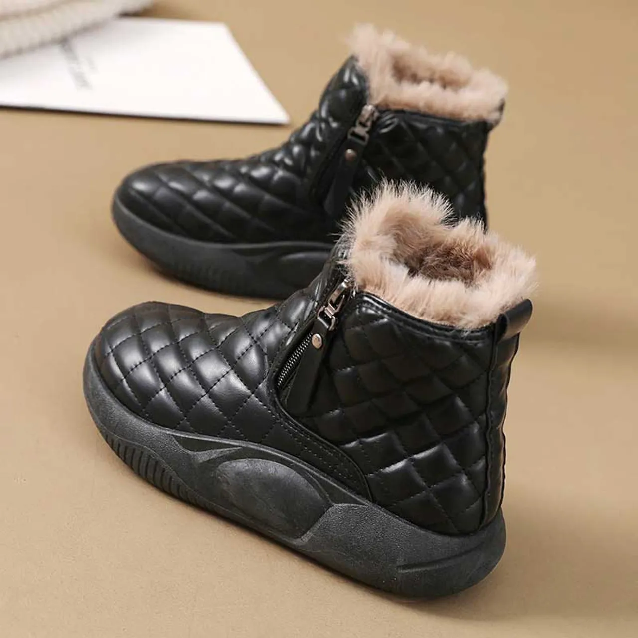 Black check pattern side zip slip on winter shoe boot