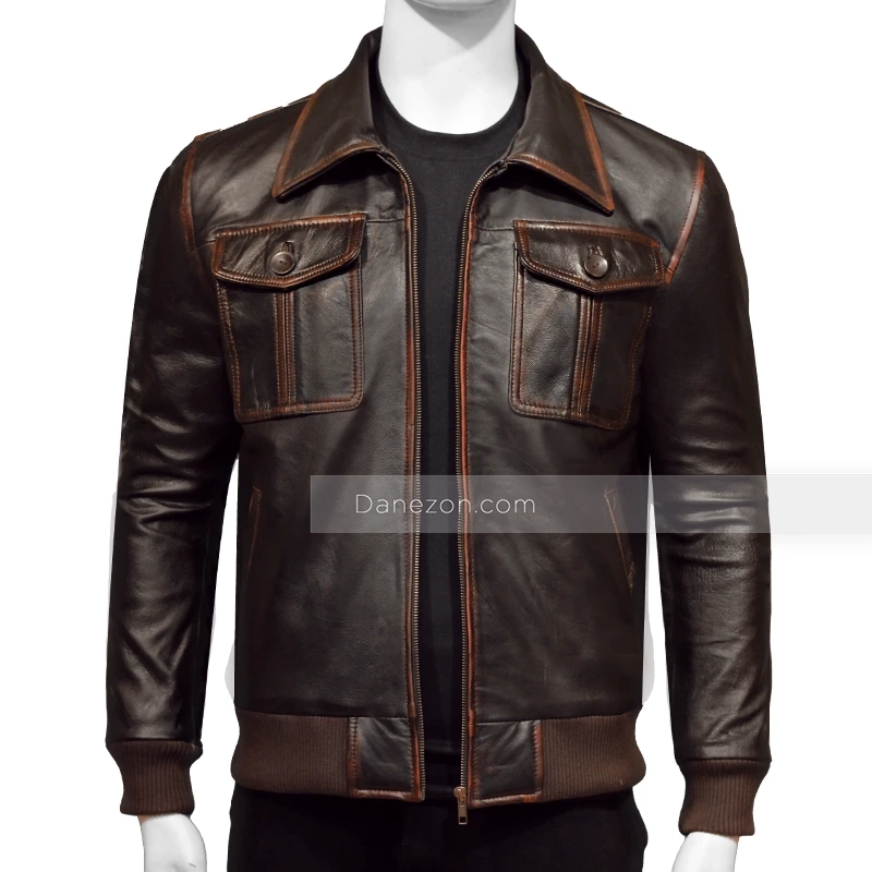 Brown Bomber Distressed Leather Jackets Mens