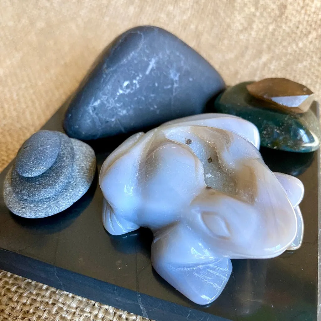 Chalcedony Frog, Natural Zambian Citrine Point on Black Shungite Tile