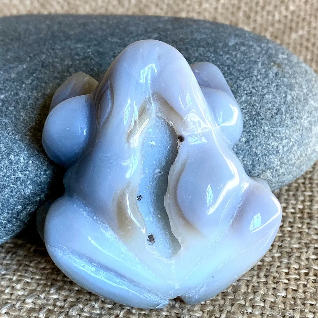 Chalcedony Frog, Natural Zambian Citrine Point on Black Shungite Tile