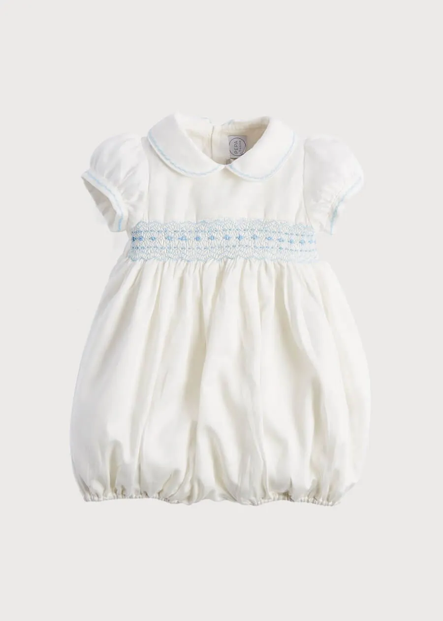 Classic Off-White Blue Handsmocked Romper (3-18mths)