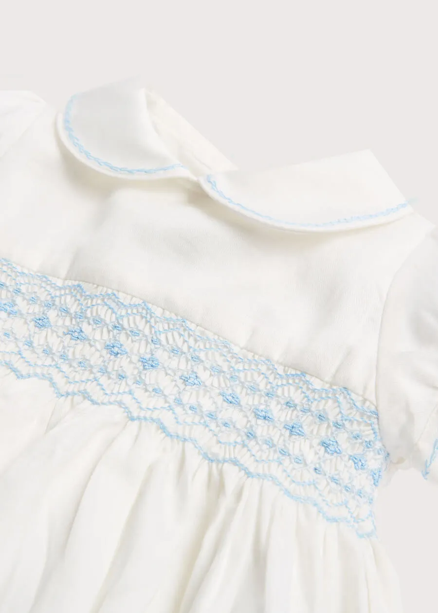 Classic Off-White Blue Handsmocked Romper (3-18mths)