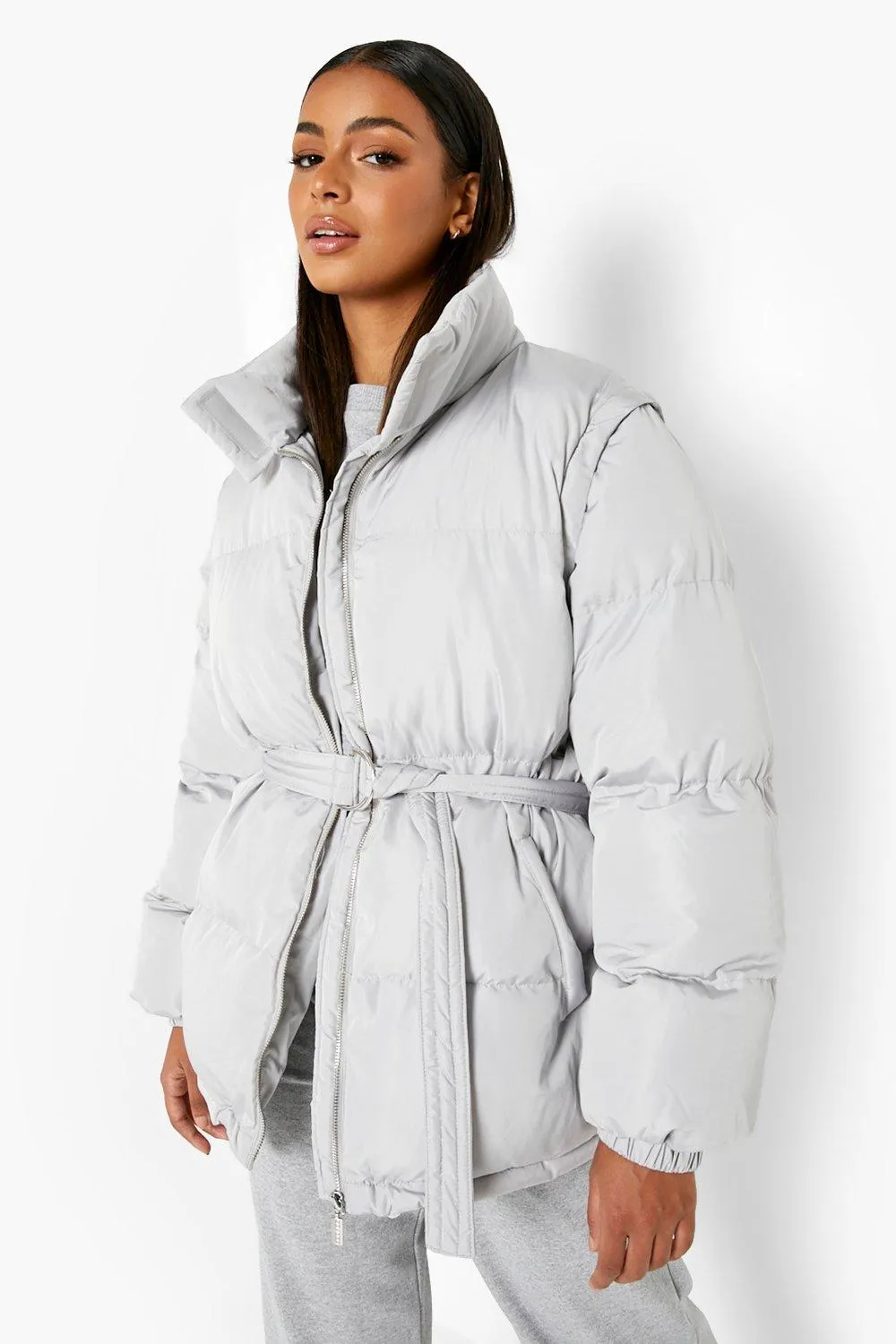 Detachable Sleeve Belted Puffer Jacket