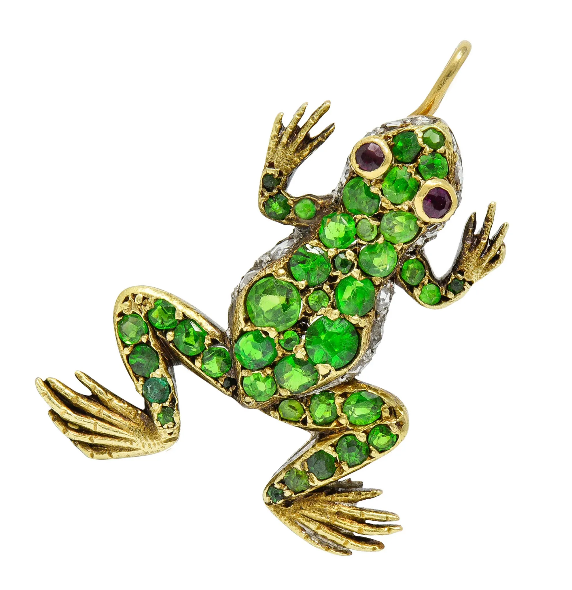 Edwardian Demantoid Garnet Diamond Platinum-Topped 18 Karat Gold Frog Charm