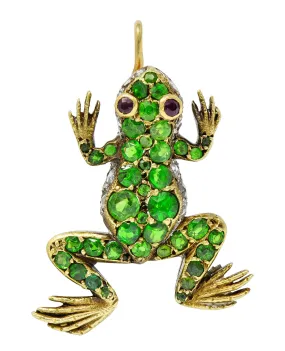 Edwardian Demantoid Garnet Diamond Platinum-Topped 18 Karat Gold Frog Charm