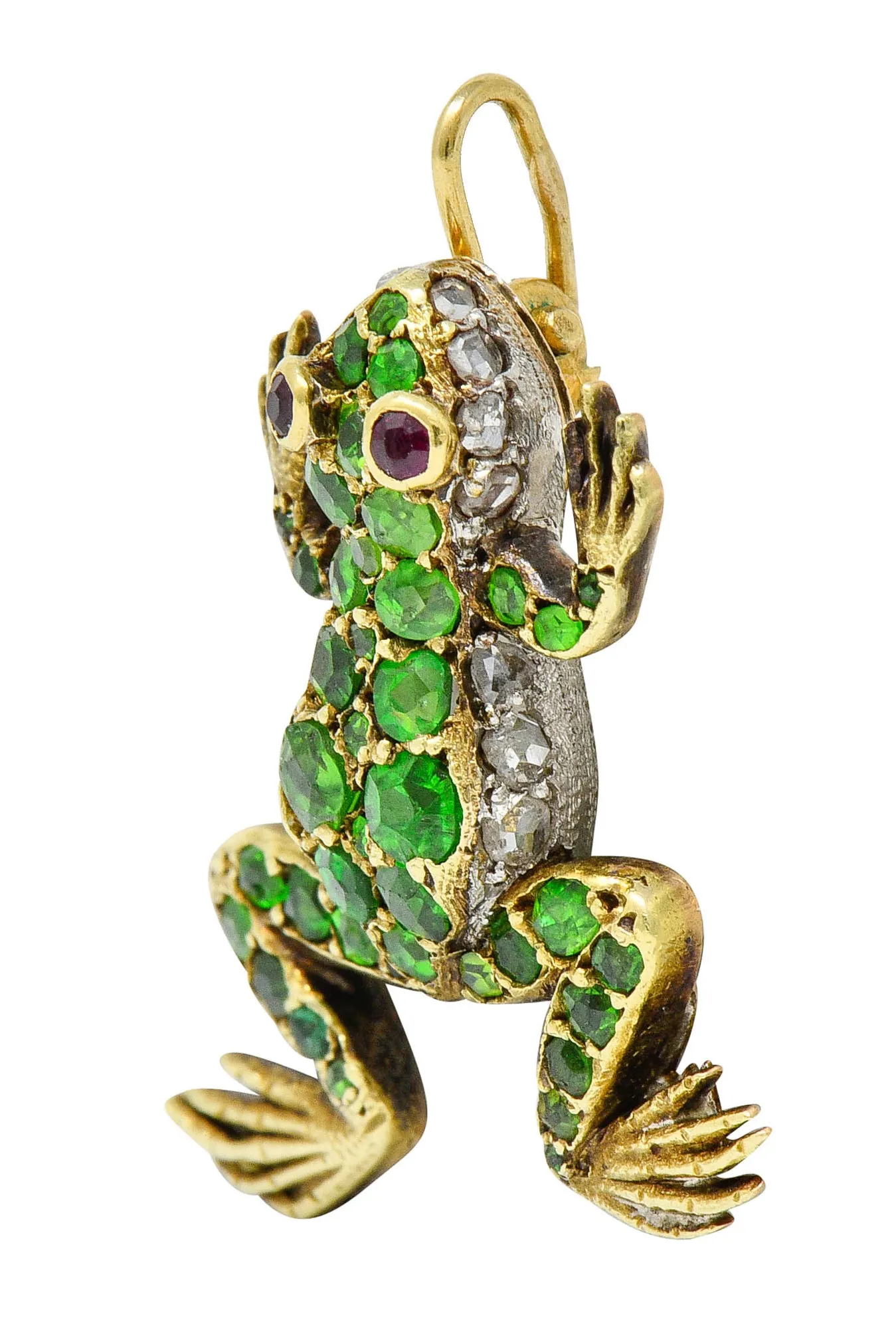 Edwardian Demantoid Garnet Diamond Platinum-Topped 18 Karat Gold Frog Charm