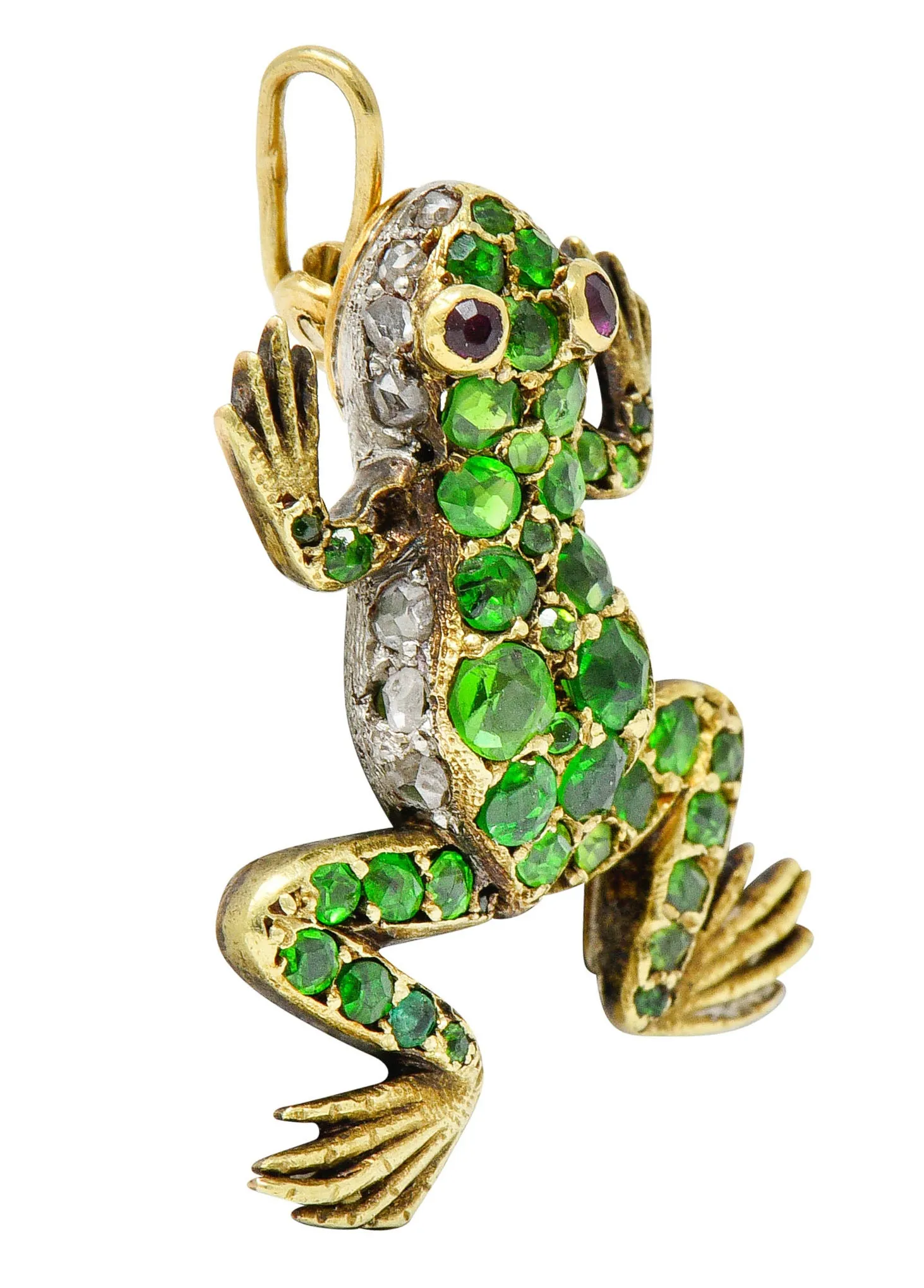 Edwardian Demantoid Garnet Diamond Platinum-Topped 18 Karat Gold Frog Charm