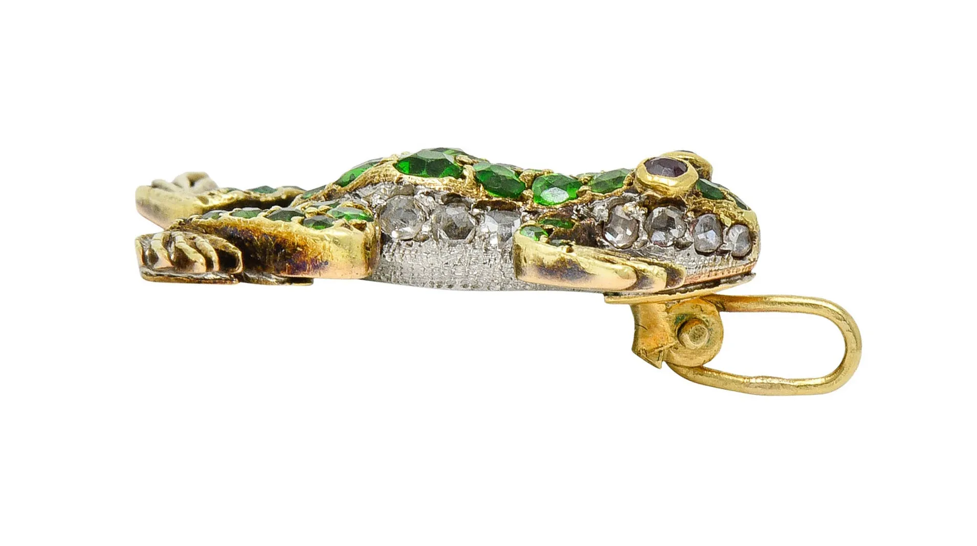 Edwardian Demantoid Garnet Diamond Platinum-Topped 18 Karat Gold Frog Charm