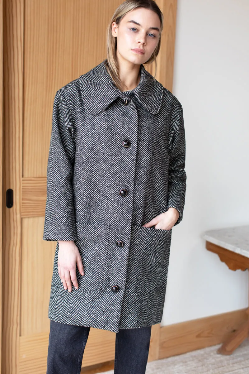 Emeric Coat - Black + White Wool Chevron Tweed