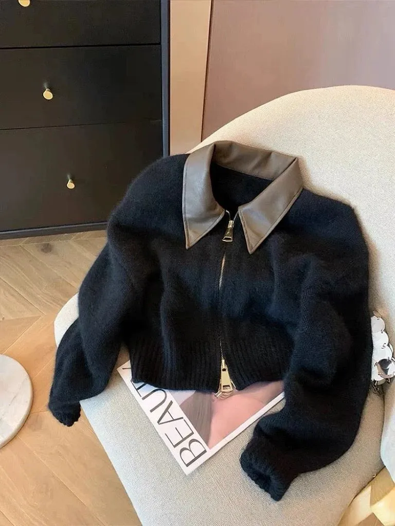 European goods high-grade leather POLO collar stitching knitted cardigan double-head zipper lazy style raccoon fleece sweater ja