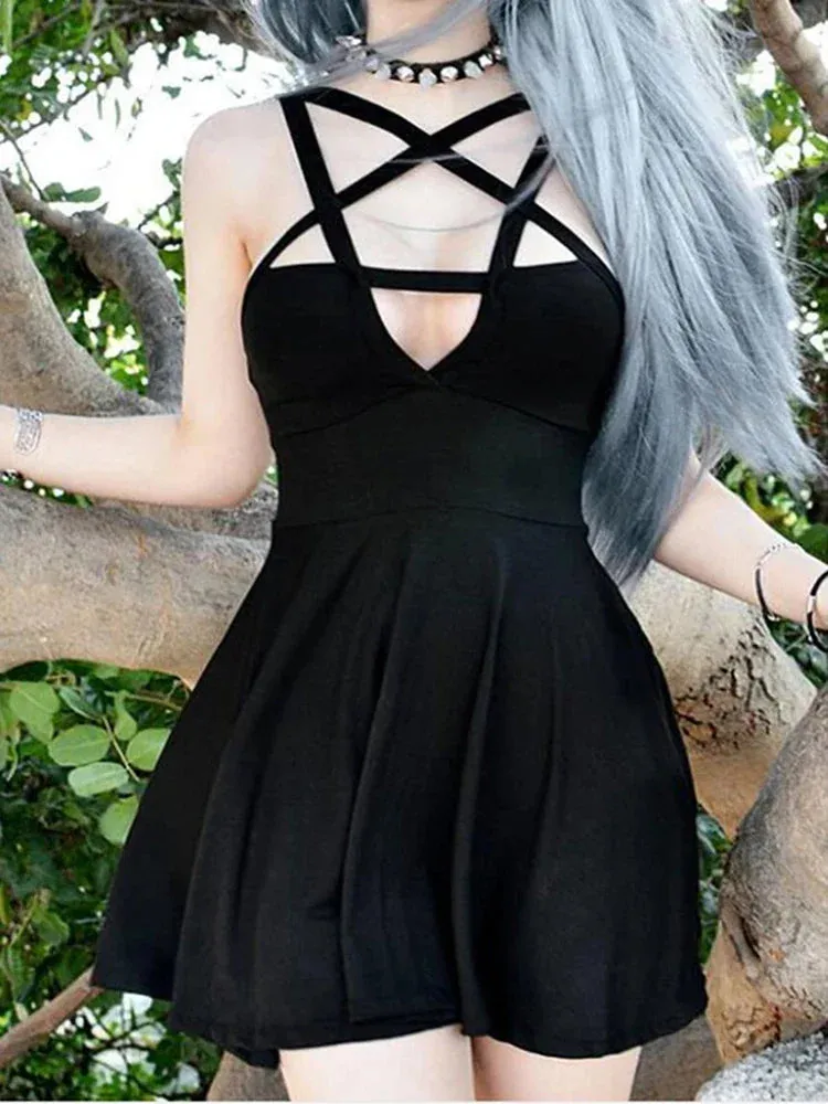 Fitshinling Pentagram Gothic Slim A-Line Dark Sleeveless Dress