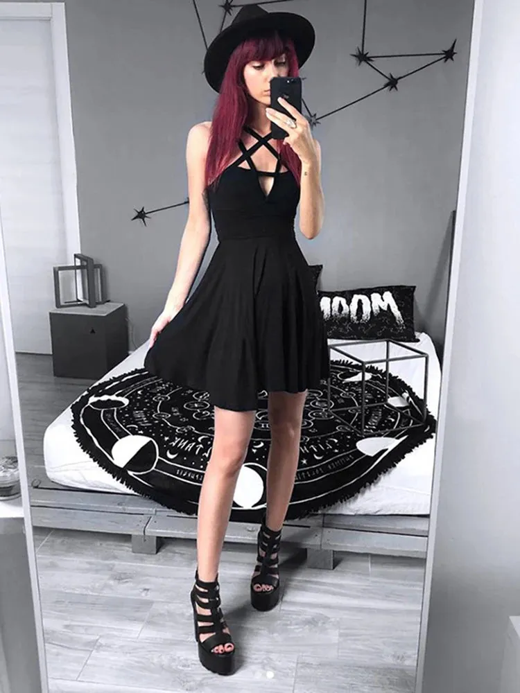 Fitshinling Pentagram Gothic Slim A-Line Dark Sleeveless Dress