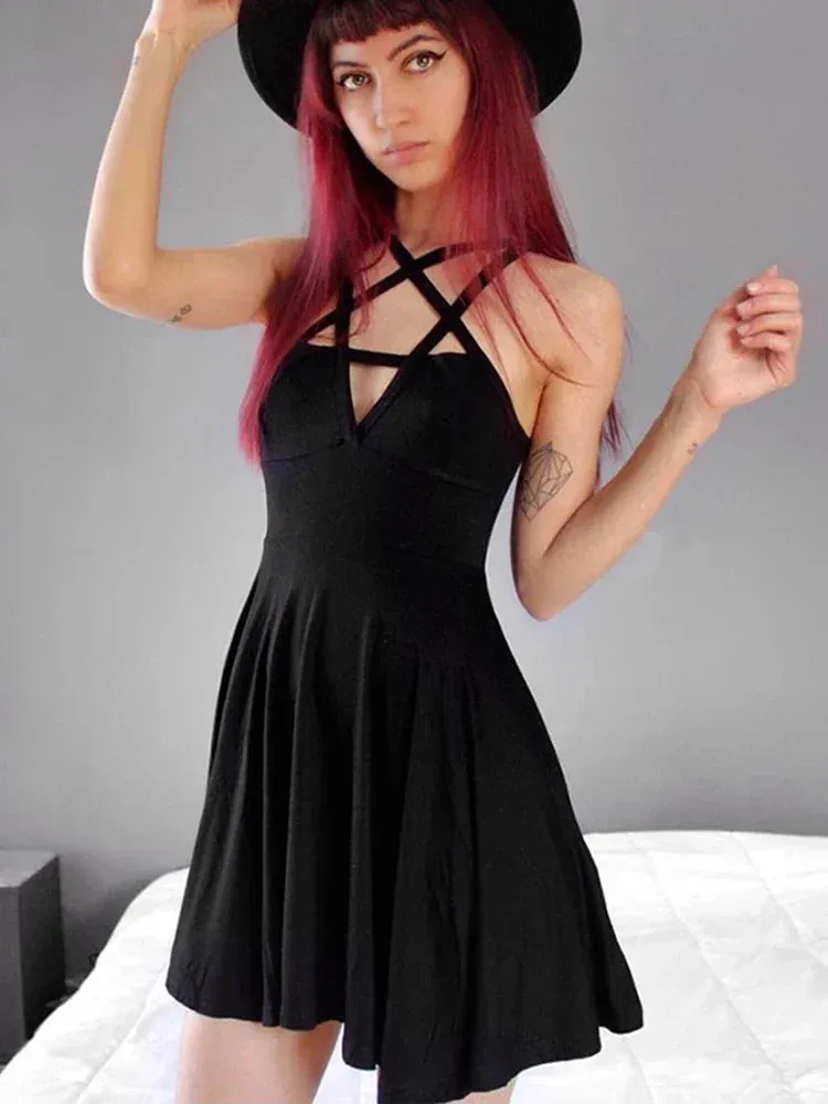 Fitshinling Pentagram Gothic Slim A-Line Dark Sleeveless Dress