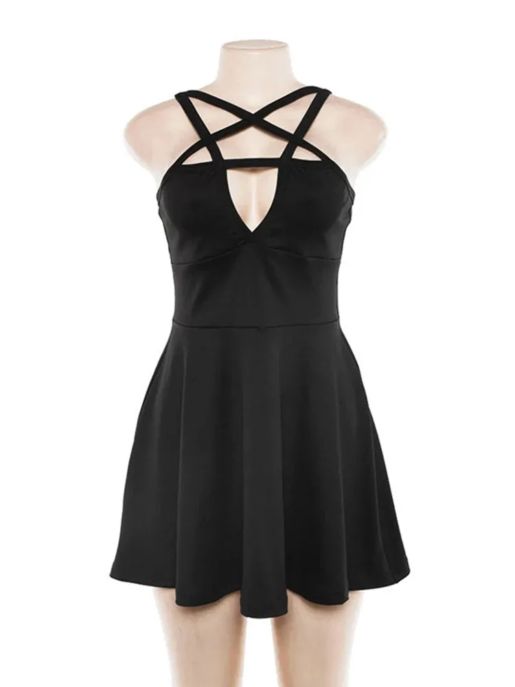 Fitshinling Pentagram Gothic Slim A-Line Dark Sleeveless Dress