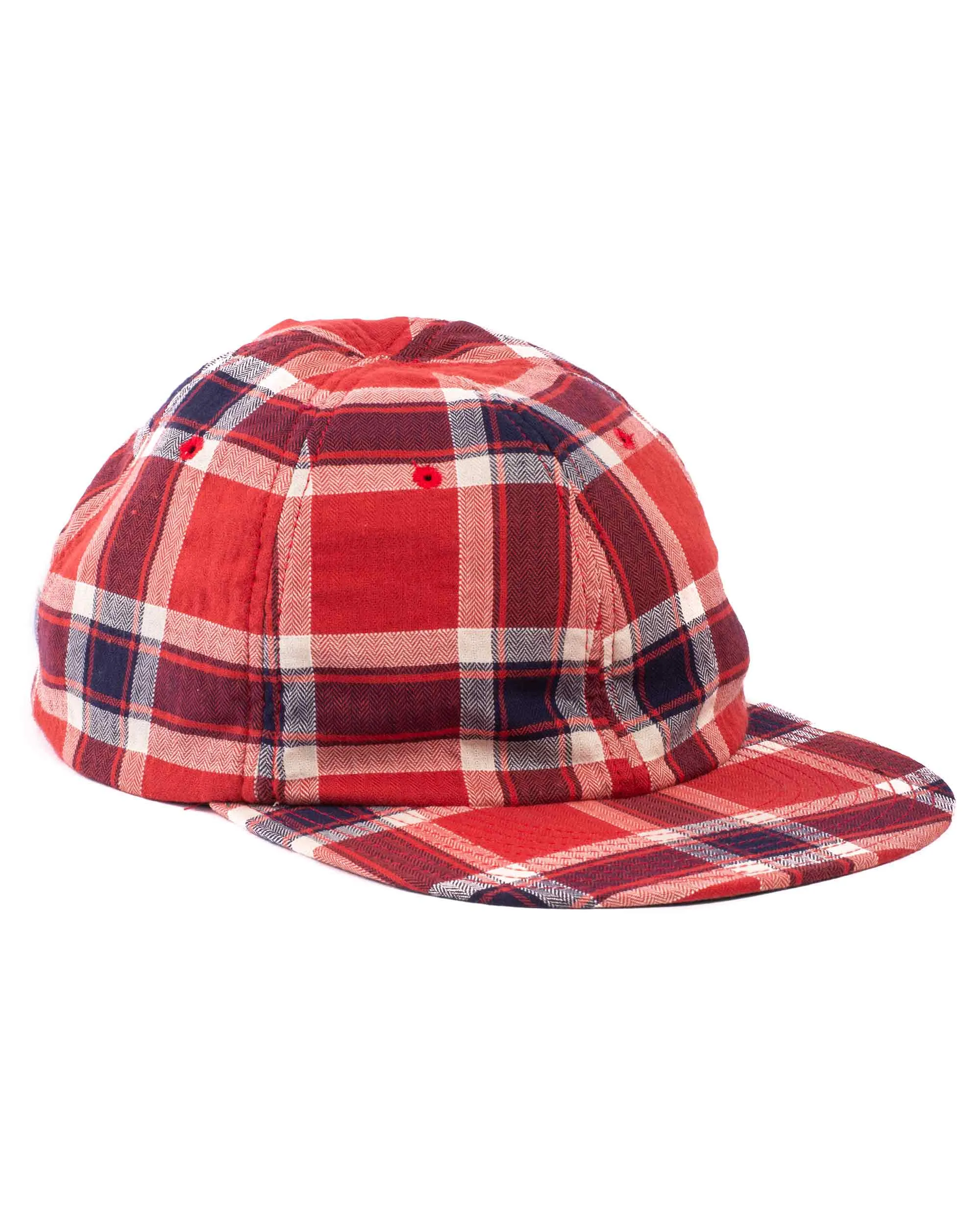 Found Feather 6 Panel Baseball Cap Herringbone Check Red