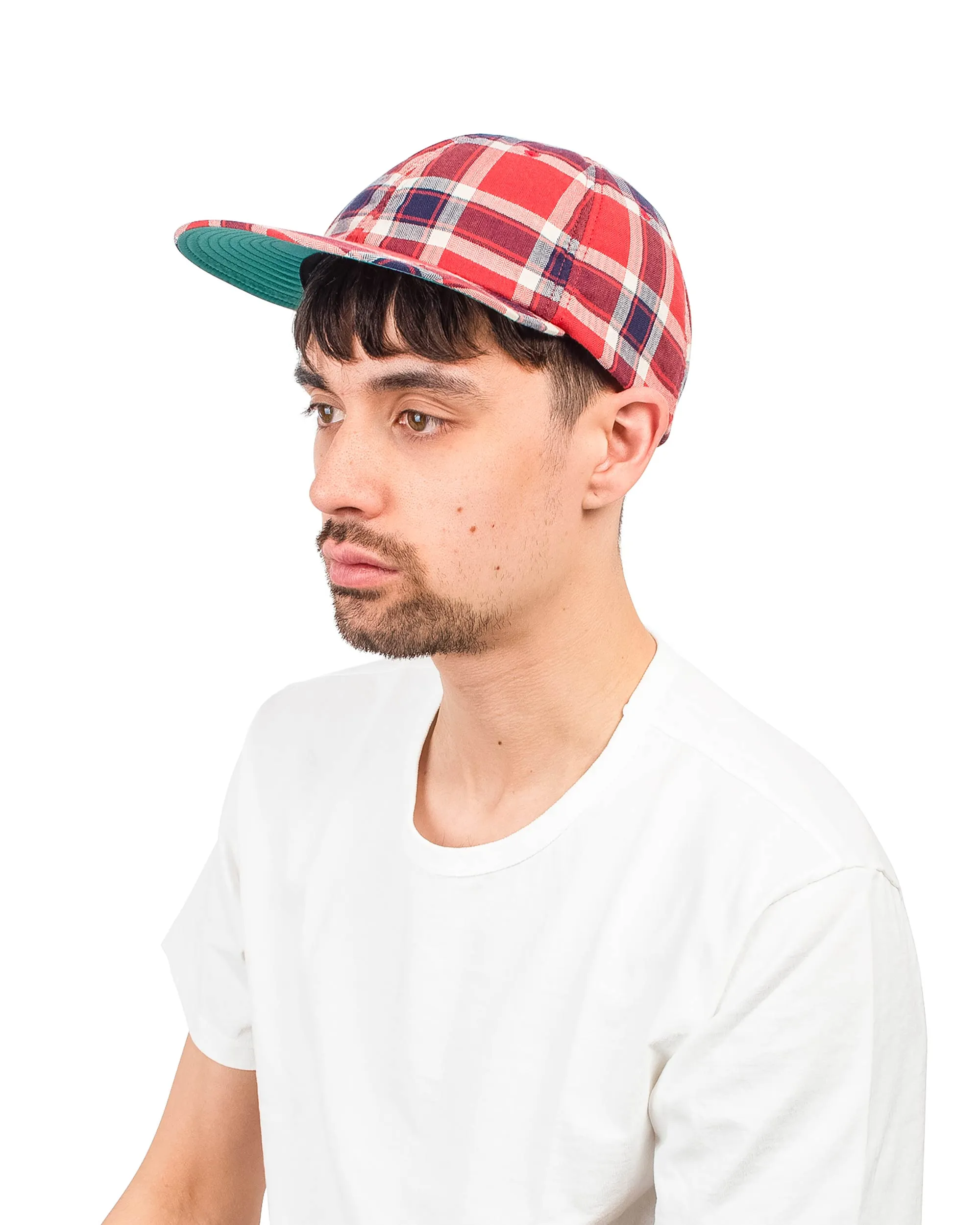 Found Feather 6 Panel Baseball Cap Herringbone Check Red